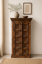 Raj Mahal Heritage Handcrafted Indian Solid Wood Cabinet – Antique Carved Floral Accent Storage Console