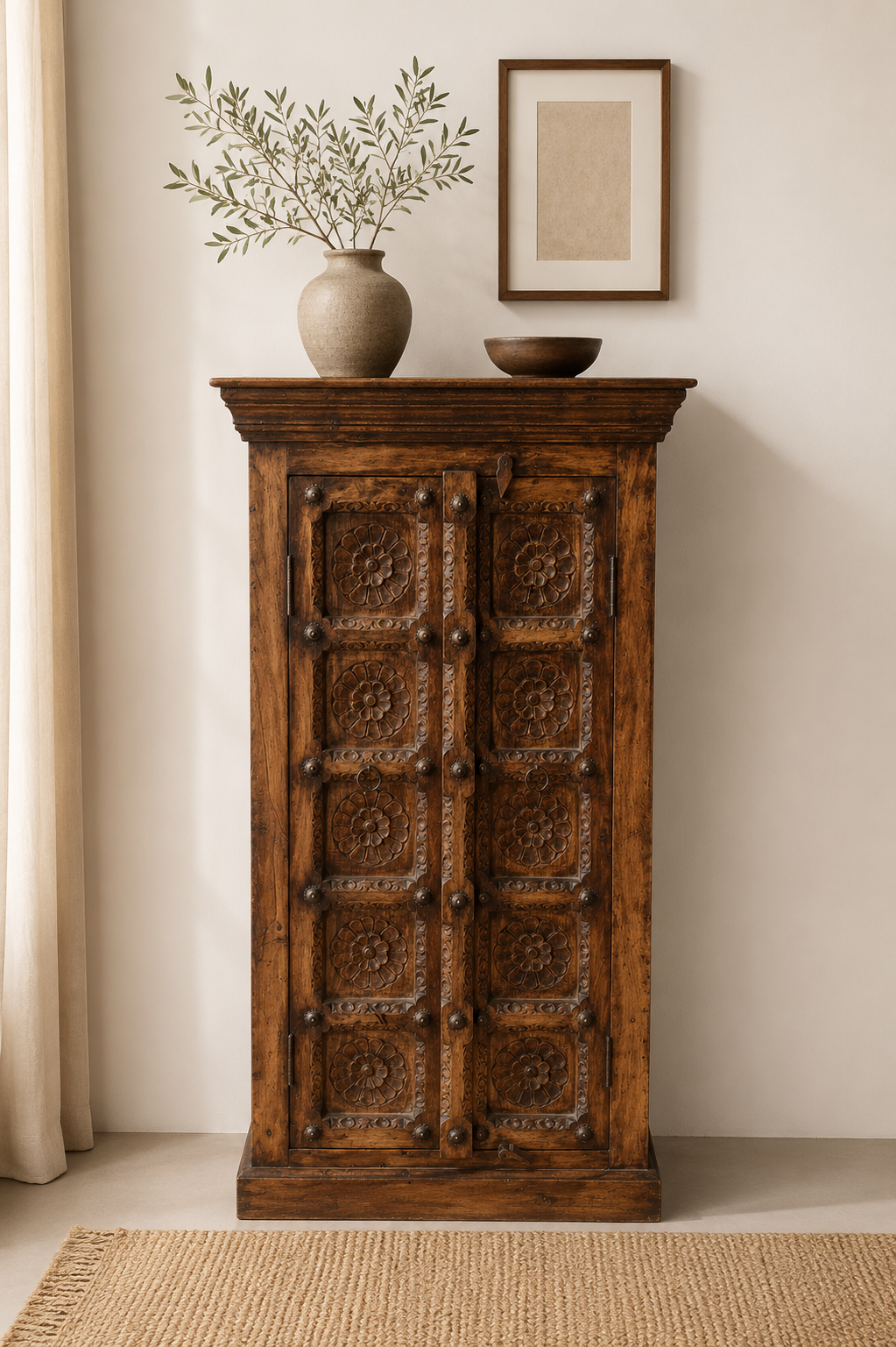 Raj Mahal Heritage Handcrafted Indian Solid Wood Cabinet – Antique Carved Floral Accent Storage Console