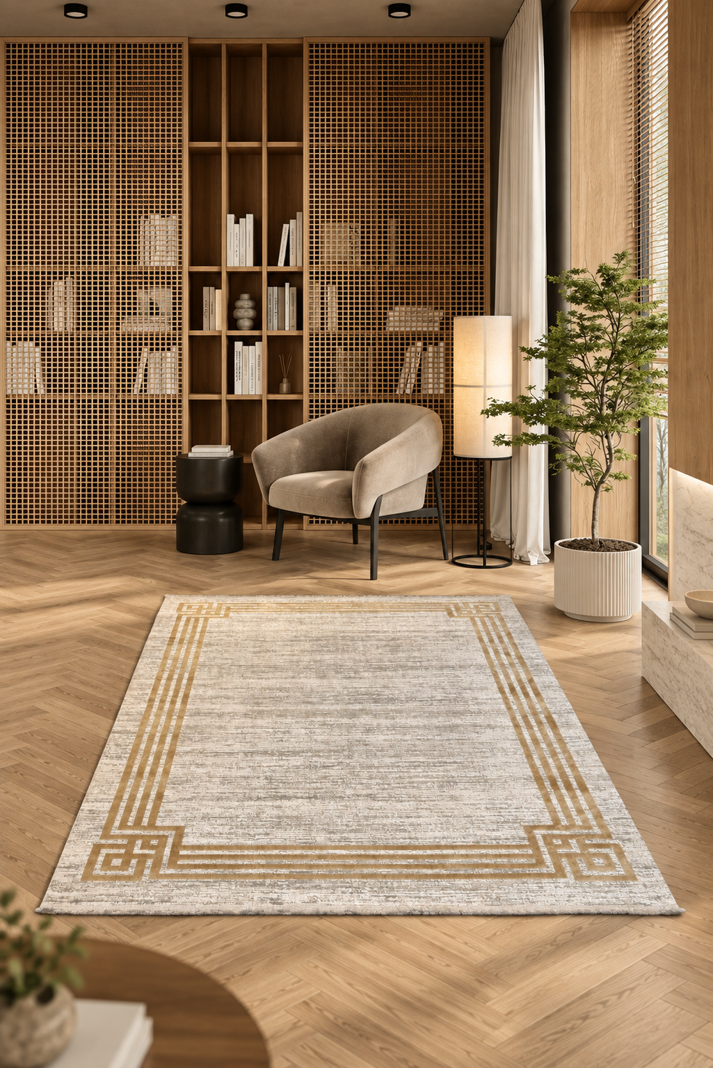Leon “Imperial Frame” Thin Art Silk Carpet – Modern Classic Elegance