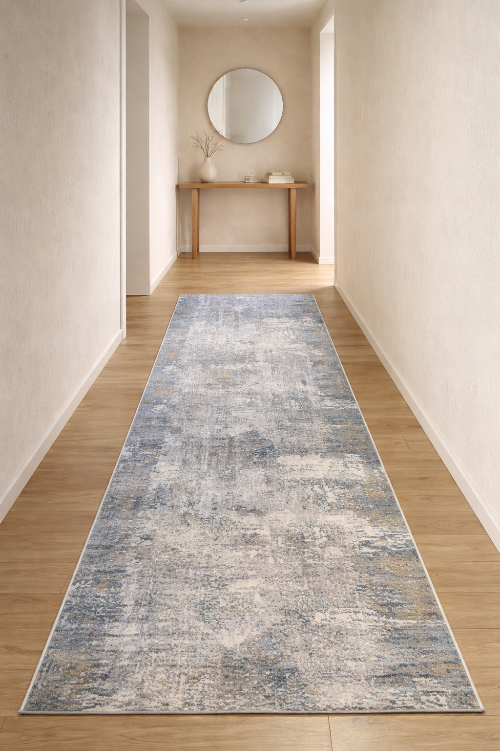 Porto 268 Modern Abstract Runner Carpet – Blue, Grey & Ivory Contemporary Hallway Rug