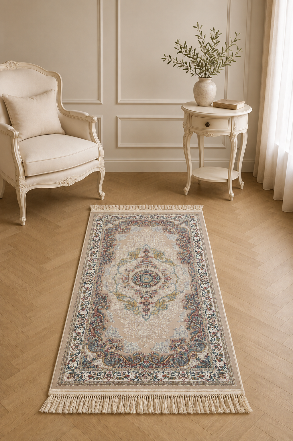 Mashhad Celestial Pearl Imperial Medallion Carpet – Persian Classic Floral Area Rug in Soft Ivory, Champagne Beige, Dusty Blue, Rose & Antique Gold