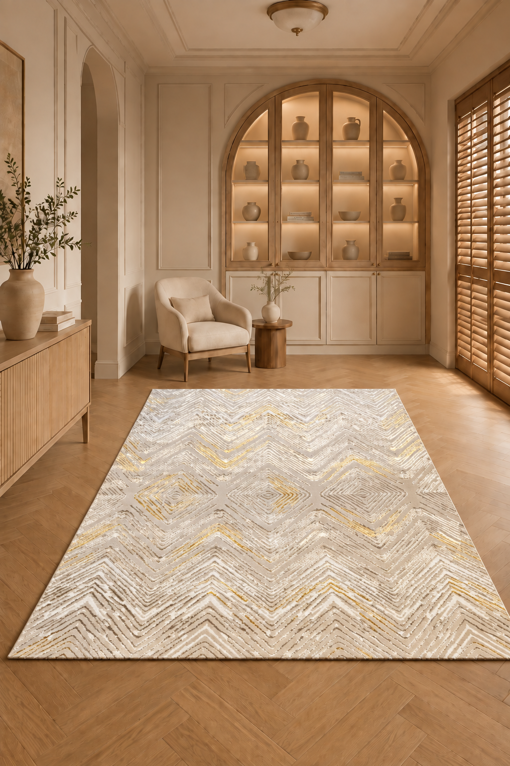 Harir Zumrut 93 “Golden Mirage” Modern Luxury Rug – Cream & Gold Geometric Area Carpet