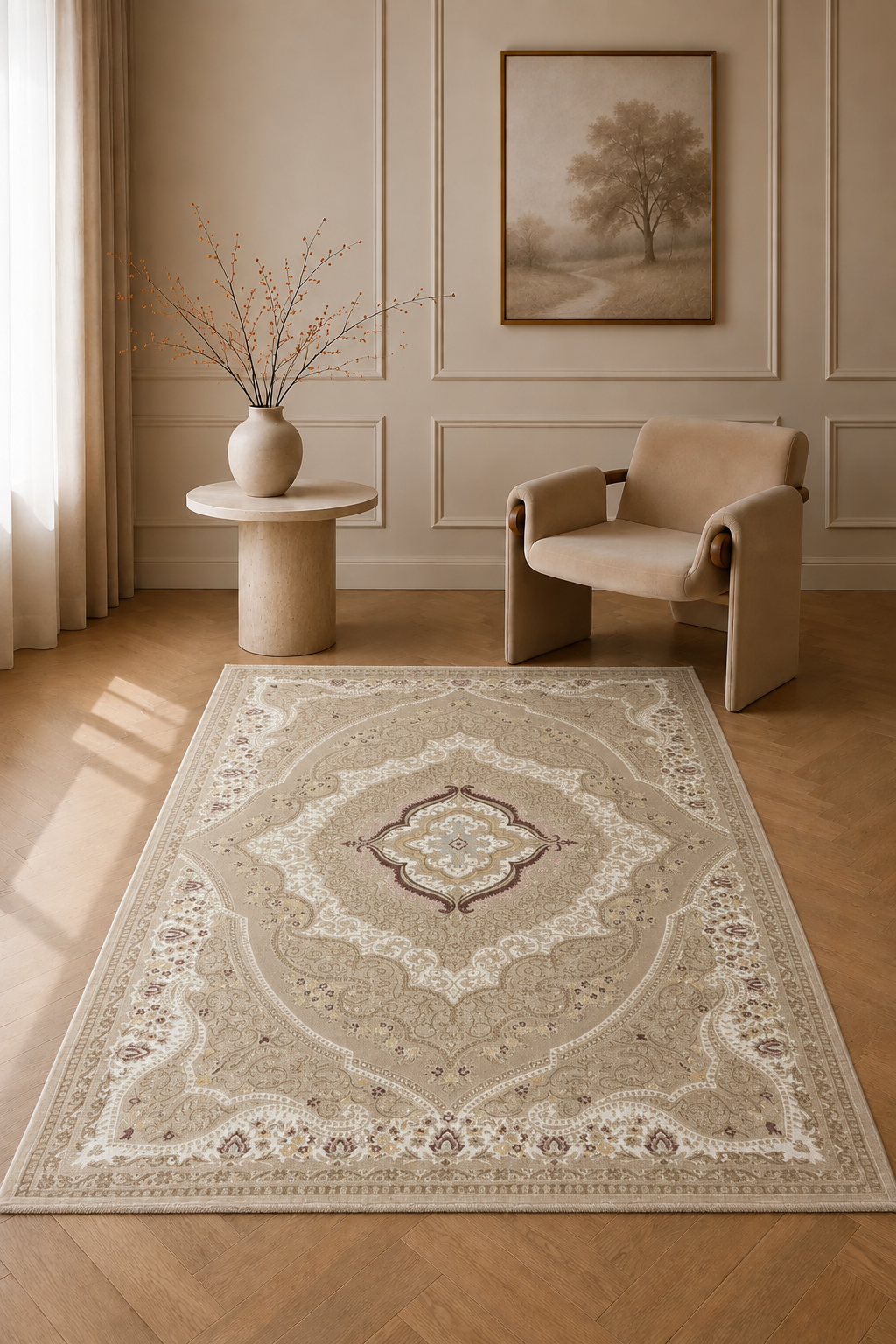 Shakespeare “Royal Garden Medallion” Classic Carpet – Beige Floral Vintage Rug