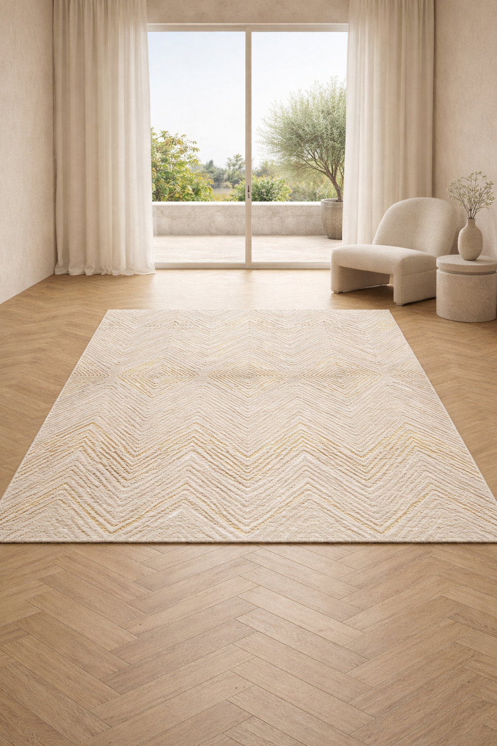 Harir Zumrut 93 “Golden Mirage” Modern Luxury Rug – Cream & Gold Geometric Area Carpet