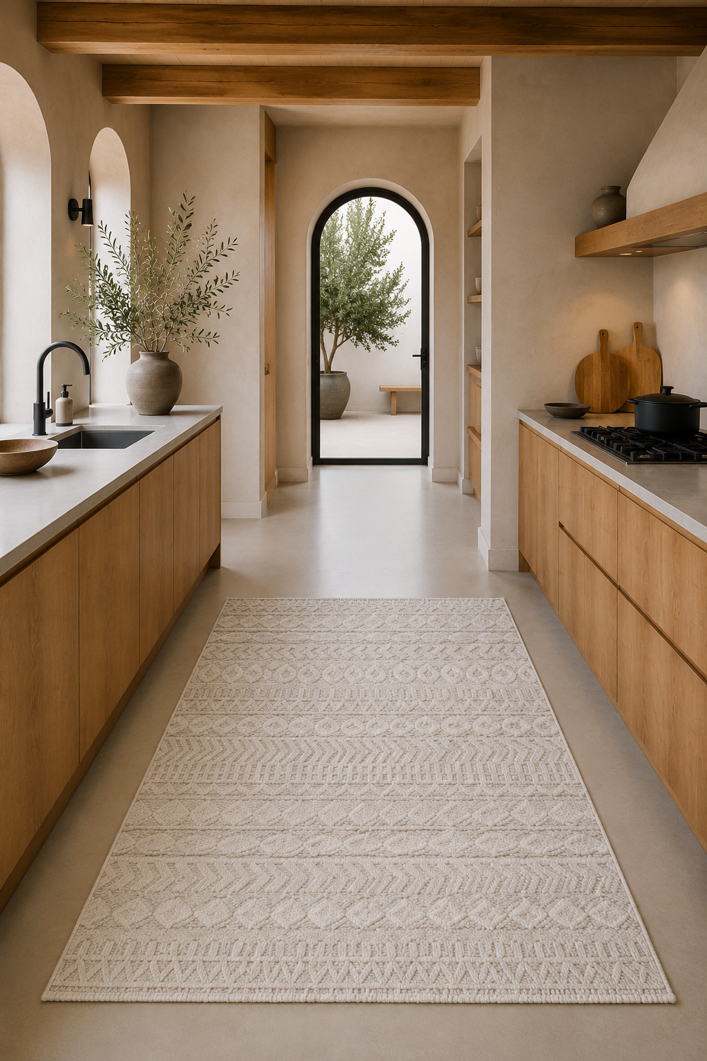 Lemans 250A Light Beige Ethnic Pattern Flatweave Carpet – Thin Turkish Rug for Kitchen & Living Room