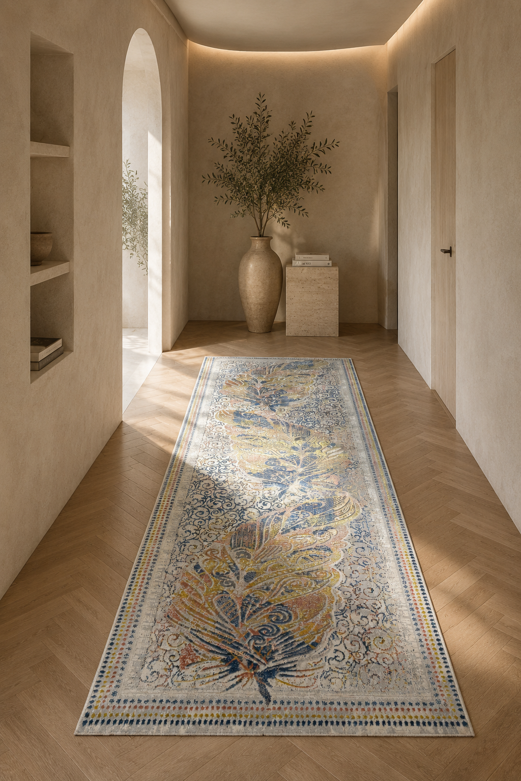 Harir Zumrut “Royal Feather” Vintage Runner Rug – Blue, Gold & Cream Persian Style Corridor Carpet