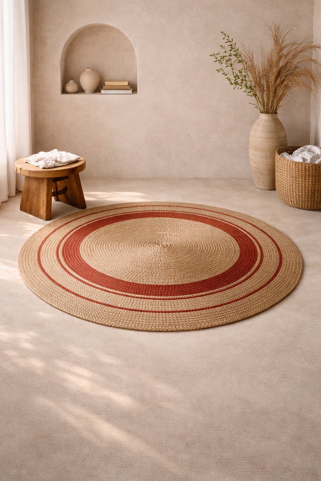 Jute 15288 Natural Rust Round Carpet – Handwoven Jute Area Rug with Rustic Red Accents for Living Room & Entryway