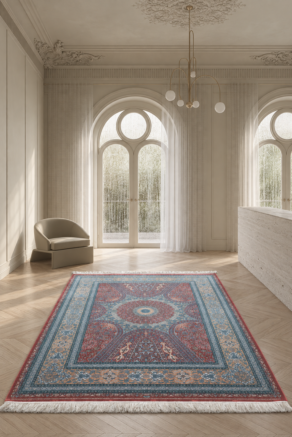Qum Imperial Ruby Celestial Dome Bamboo Silk Carpet – Persian Architectural Medallion Masterpiece in Deep Red, Sapphire Blue & Antique Gold