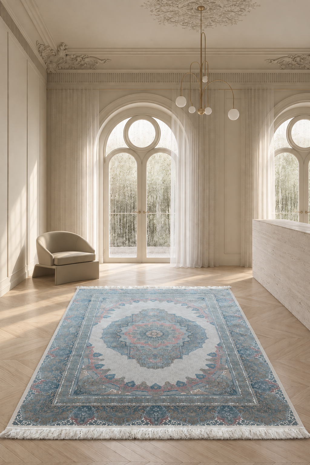 Qum Imperial Pearl Garden Medallion Bamboo Silk Carpet – Persian Luxury Floral Masterpiece in Ivory, Mist Blue, Soft Rose & Antique Gold