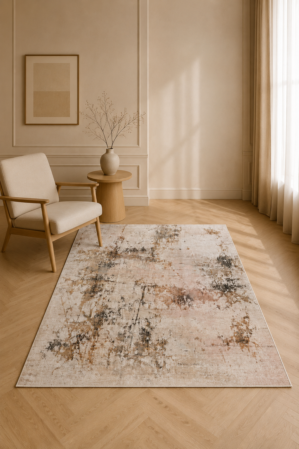 Ivory Mirage Spill-Proof Abstract Carpet – Modern Washable Luxury Rug for Living Room & Bedroom