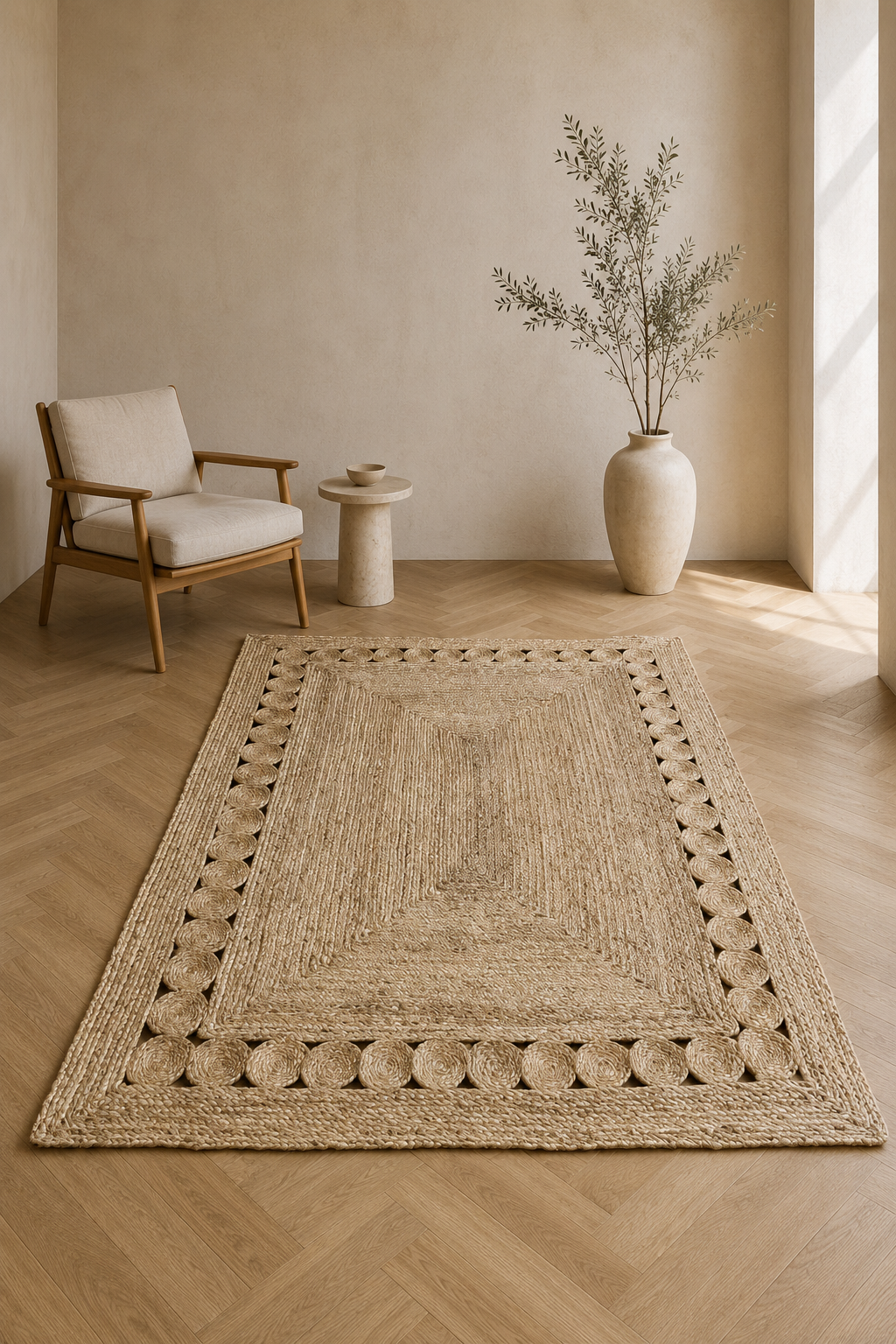 Beige rug on a wooden floor with a chair and plant in the background