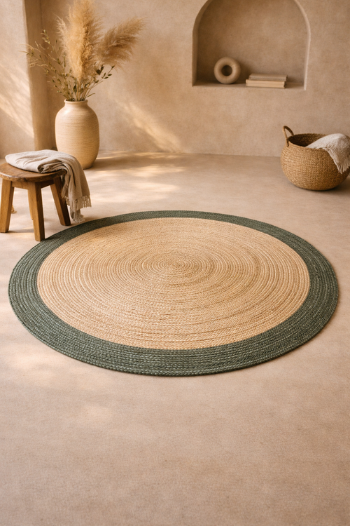 Jute 15281 Natural Aqua Round Carpet – Handmade Braided Jute Rug