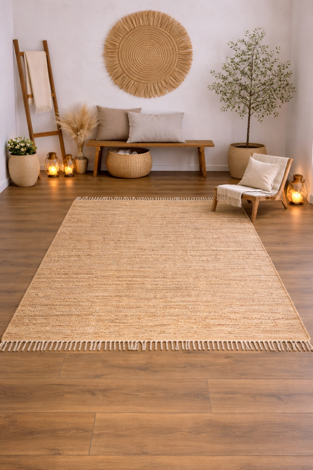 Jute Horizon Minimalist Fringe Rug – IC-15217 | Handwoven Natural Simplicity