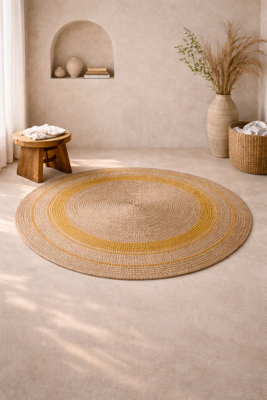 Jute 18416 Natural Yellow Round Carpet – Handmade Jute Area Rug with Warm Mustard Accents for Living Room & Entryway