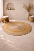 Jute 18416 Natural Yellow Round Carpet – Handmade Jute Area Rug with Warm Mustard Accents for Living Room & Entryway