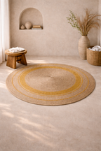 Jute 18416 Natural Yellow Round Carpet – Handmade Jute Area Rug with Warm Mustard Accents for Living Room & Entryway