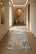 Harir Zumrut “Vintage Mosaic” Modern Oriental Rug – Cream, Blue & Rust Distressed Area Carpet