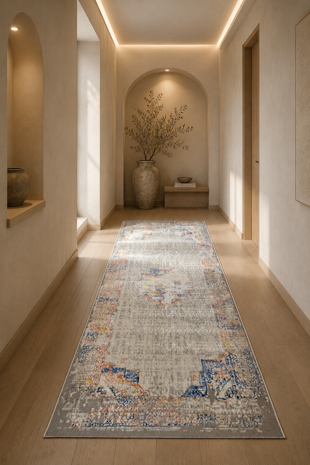 Harir Zumrut “Vintage Mosaic” Modern Oriental Rug – Cream, Blue & Rust Distressed Area Carpet