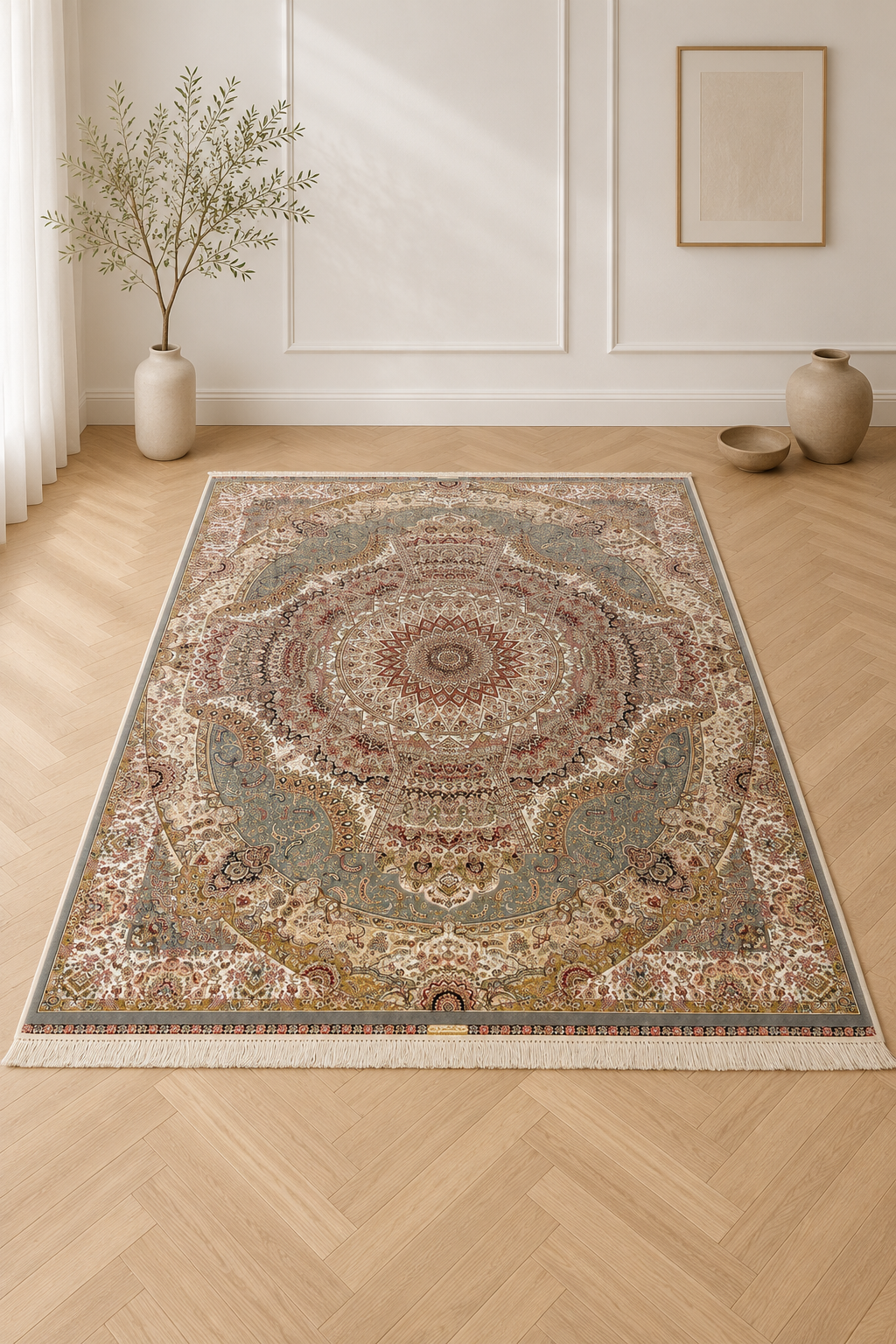 Tabriz Jawhar Ivory Palace Rug – Luxury Persian Medallion Carpet in Ivory & Blue