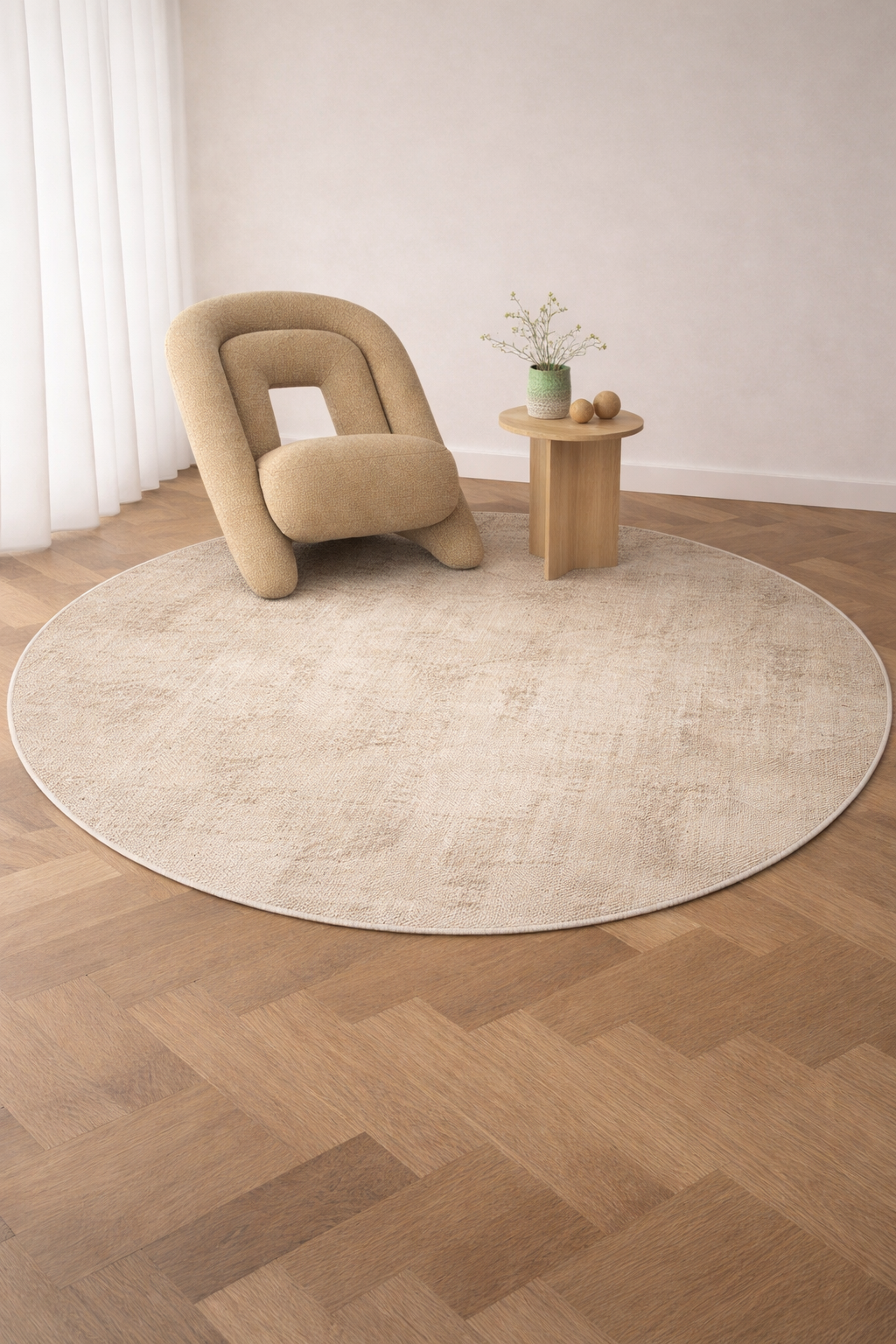 MAXIMILIAN 59 Round Beige Abstract Distressed Carpet – Modern Neutral Living Room Rug