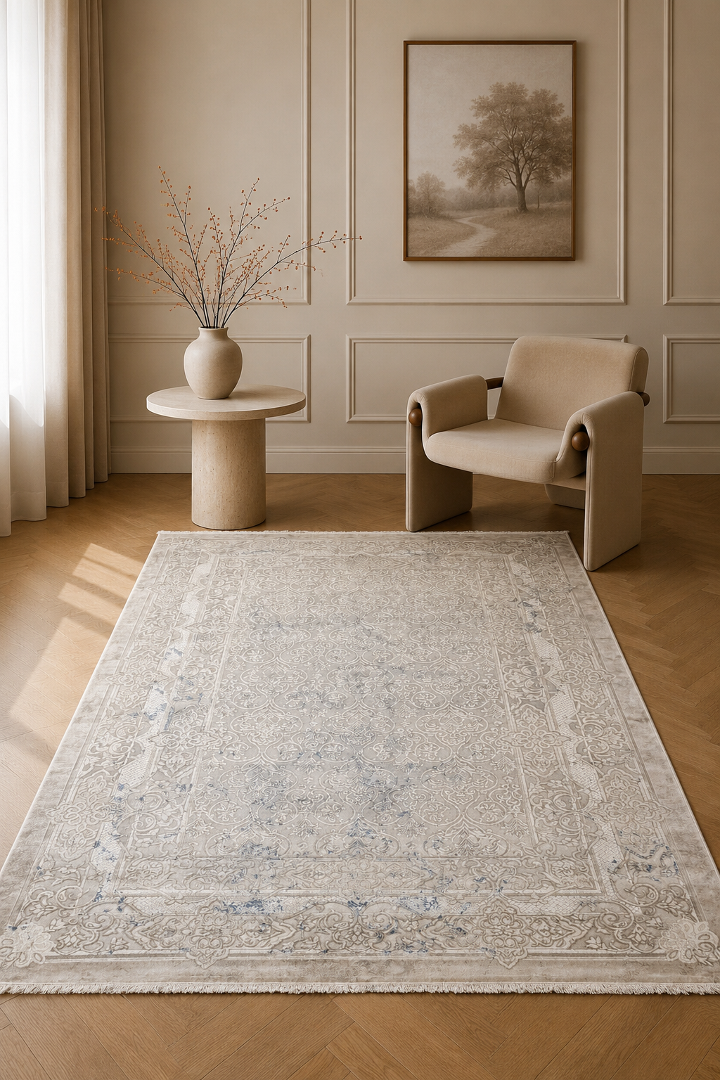 Venecia “Antique Palace” Vintage Classic Carpet – Beige Distressed Floral Rug