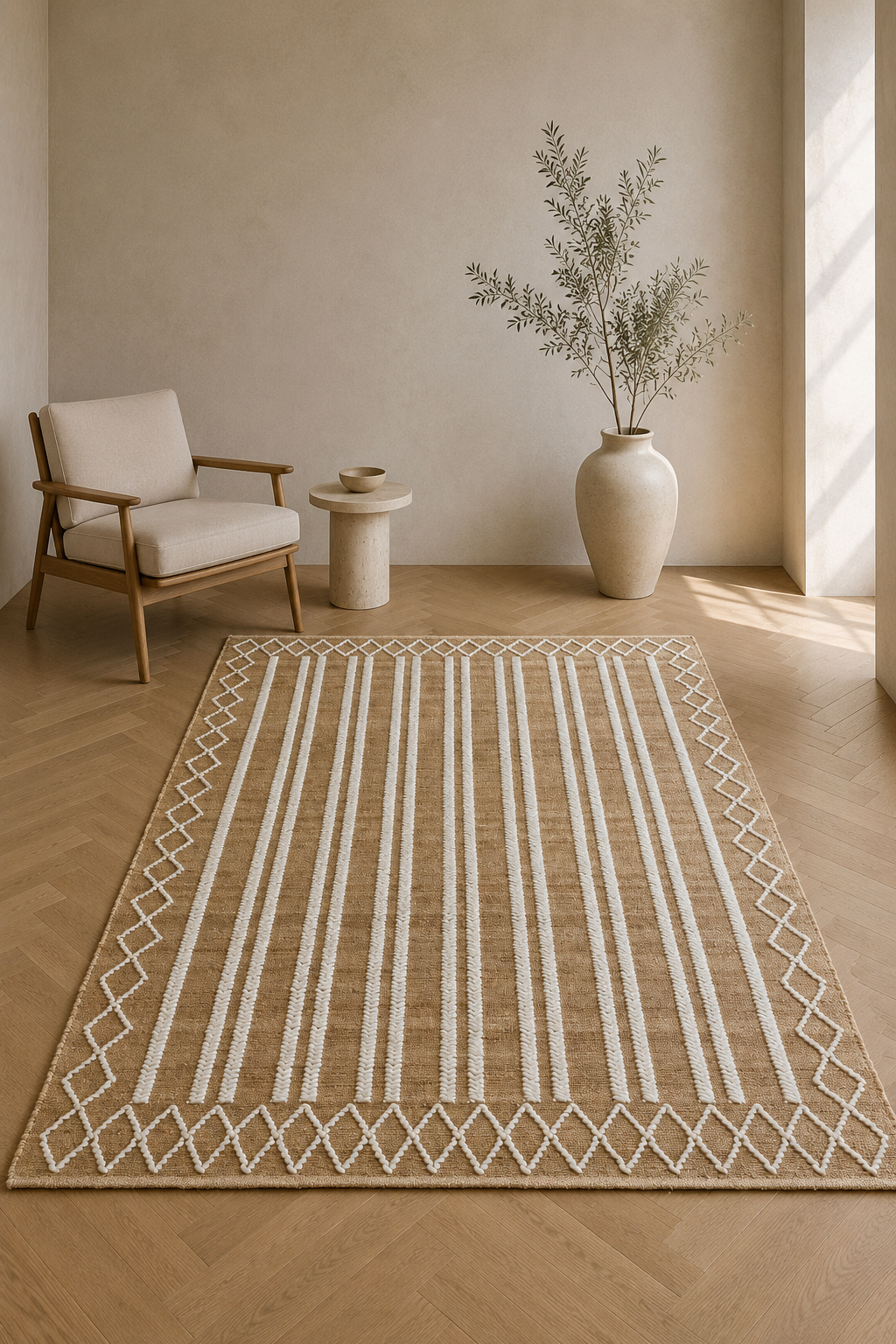 Ivory Frame Jute Wool Rug – IC-18409 | Handwoven Organic Charm