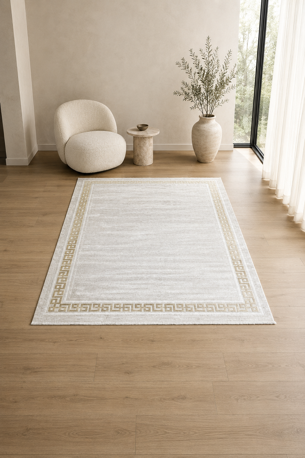 Silk “Golden Frame” Modern Carpet – Beige &amp; Gold Minimalist Border Rug