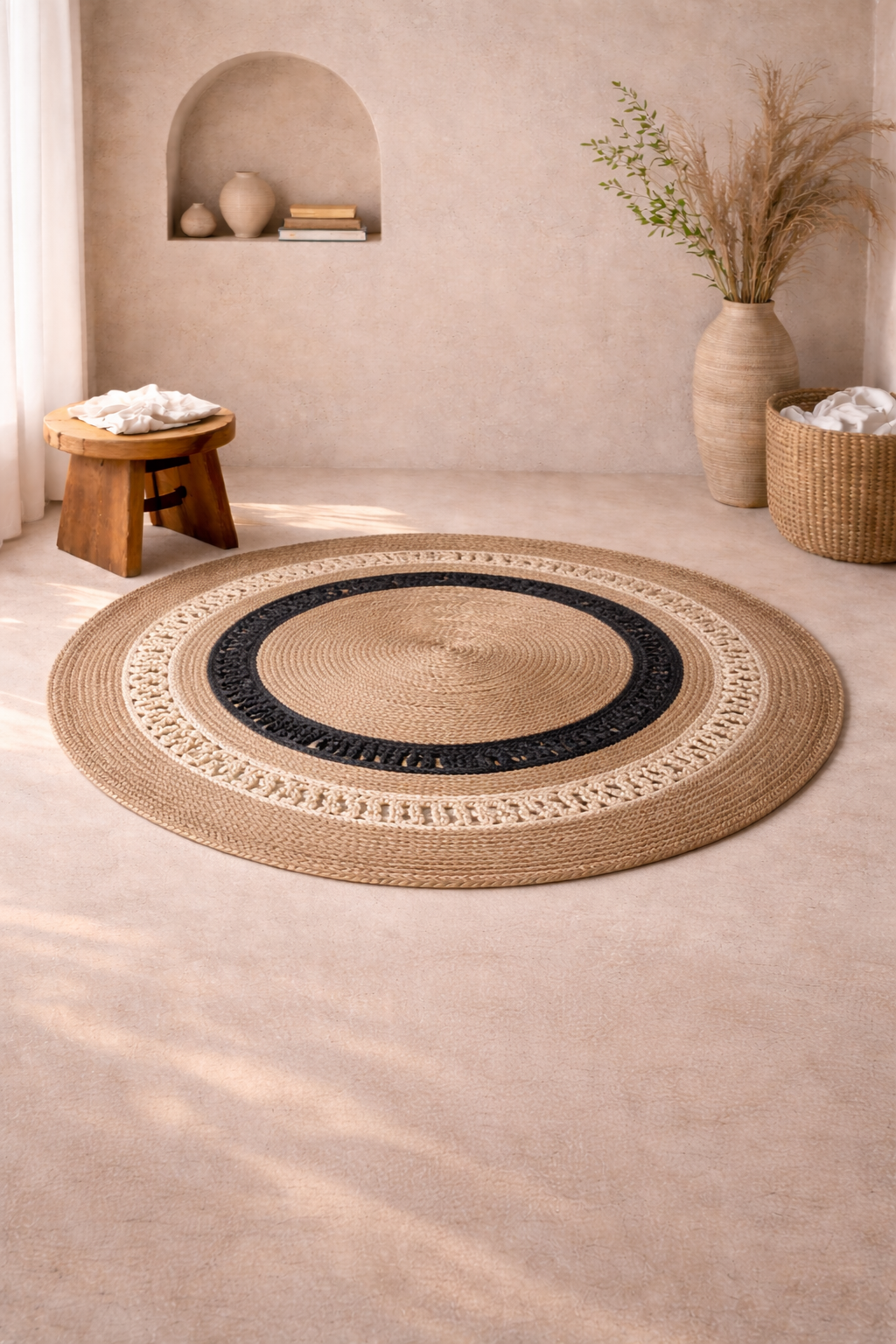Jute 18223 Natural Black Round Carpet – Handmade Jute Area Rug with Bold Black Accents for Living Room & Entryway