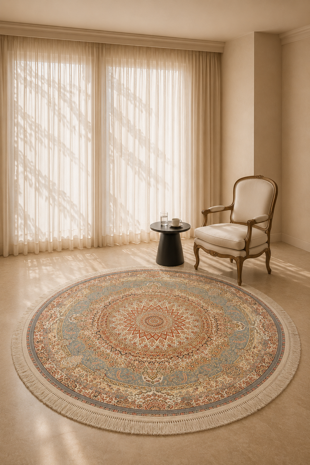Tabriz Jawhar Round Light Blue Carpet – Vintage Persian Floral Medallion Design