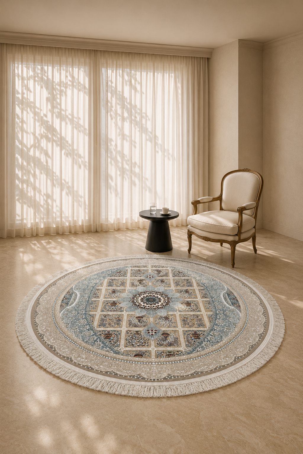Isfahan Round Persian Carpet – Light Blue & Beige Medallion Design