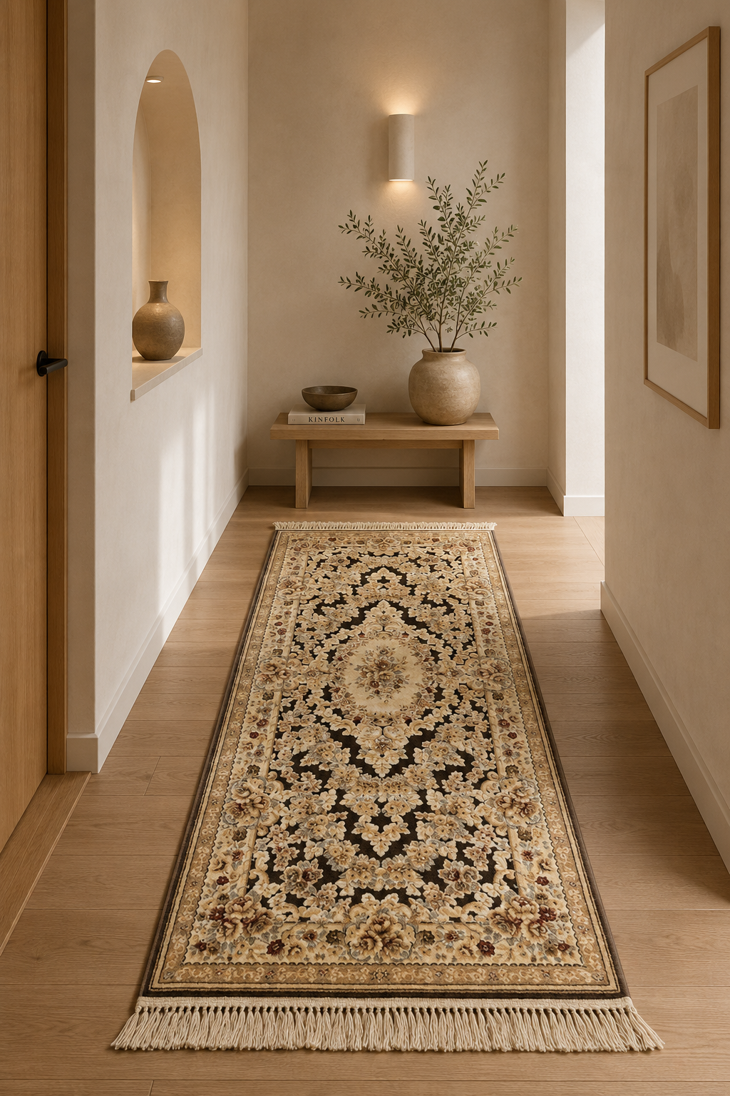Tiffany Royal Medallion Runner Carpet – Classic Brown Hallway Rug | Elegant Vintage Corridor Carpet