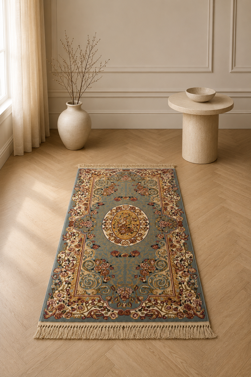 Prada Royal Azure Floral Medallion Traditional Area Rug