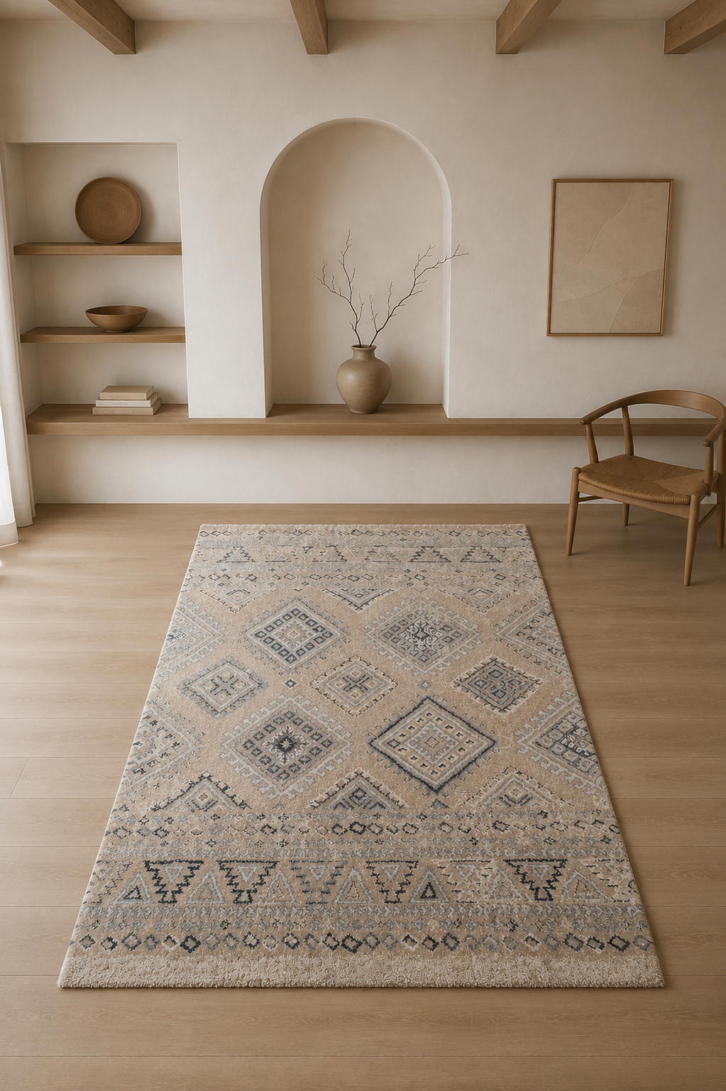 Cyrus Nomadic Desert Diamond Tribal Luxury Area Rug – Sand Beige, Taupe & Slate Blue Contemporary Persian-Inspired Living Room Carpet