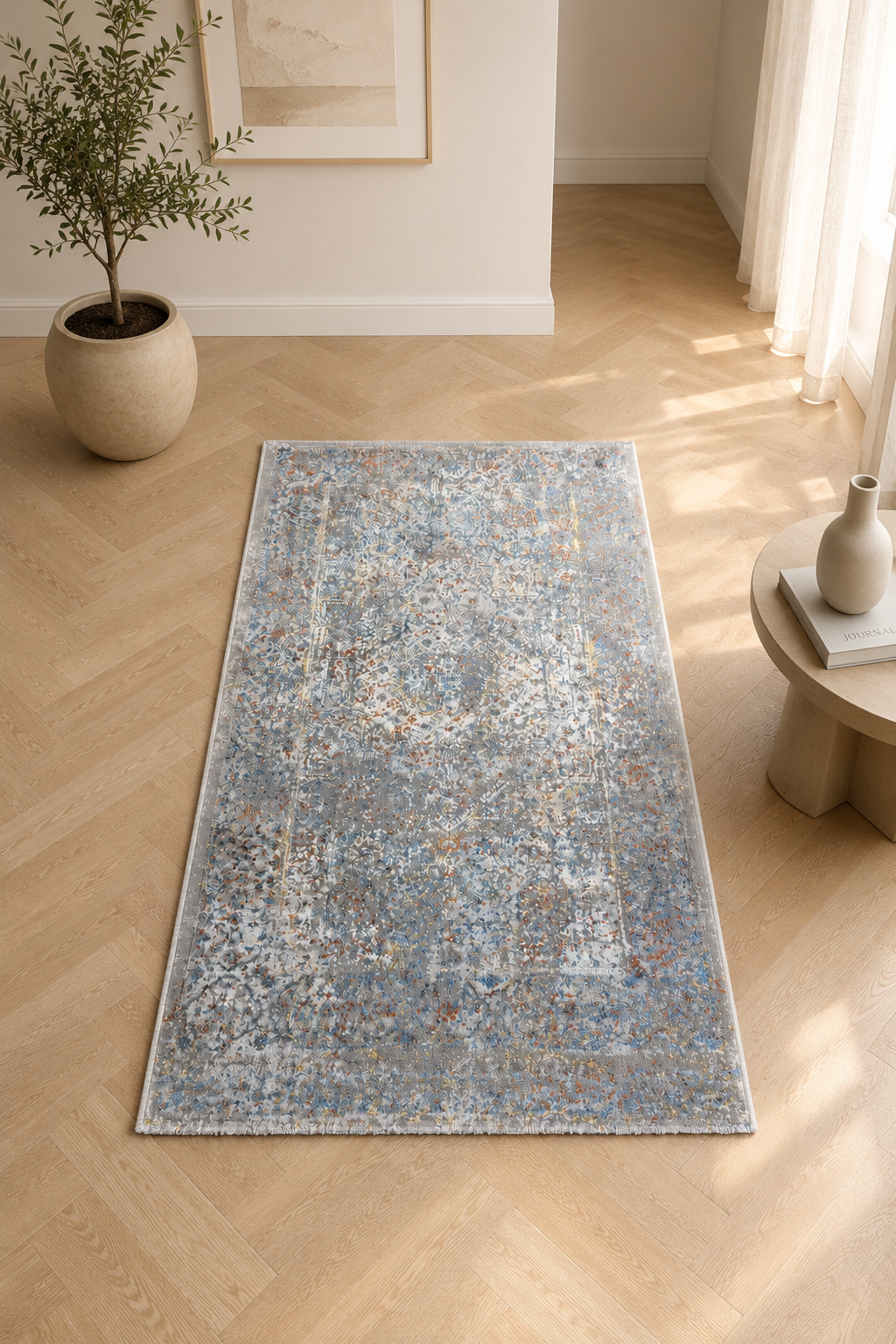 Porto “Azure Vintage Mist” Modern Distressed Rug – Blue & Grey Contemporary Area Carpet