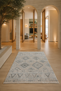 Cyrus Nomadic Desert Diamond Tribal Luxury Area Rug – Sand Beige, Taupe & Slate Blue Contemporary Persian-Inspired Living Room Carpet