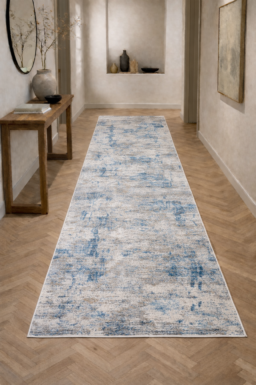 Efes 94 Blue Contemporary Distressed Runner Carpet for Hallway & Entryway