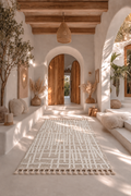 Olympos Ivory Labyrinth – Luxury Cream & Beige Abstract Geometric Textured Carpet with Handcrafted Tassel Fringe for Modern Mediterranean, Boho & Minimalist Interiors