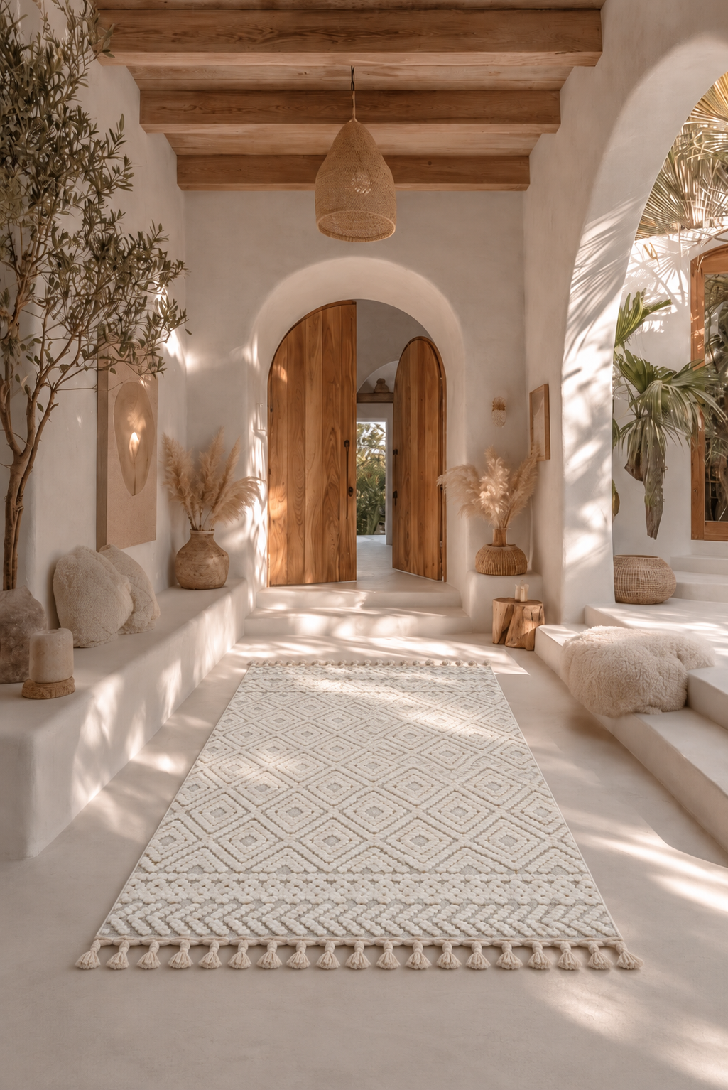 Olympos Ivory Atlas Diamond – Luxury Cream & Beige Moroccan Geometric Textured Carpet with Raised Tribal Pattern & Tassel Fringe for Boho, Mediterranean & Modern Interiors