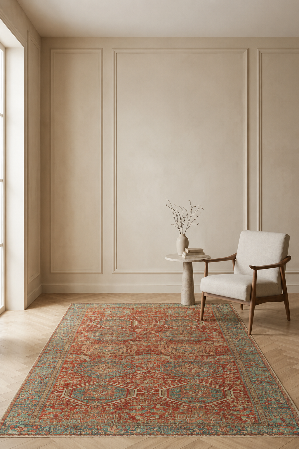 Anatolia Ember Mosaic Vintage Medallion Spill-Proof Carpet – Terracotta & Turquoise Distressed Persian-Inspired Rug