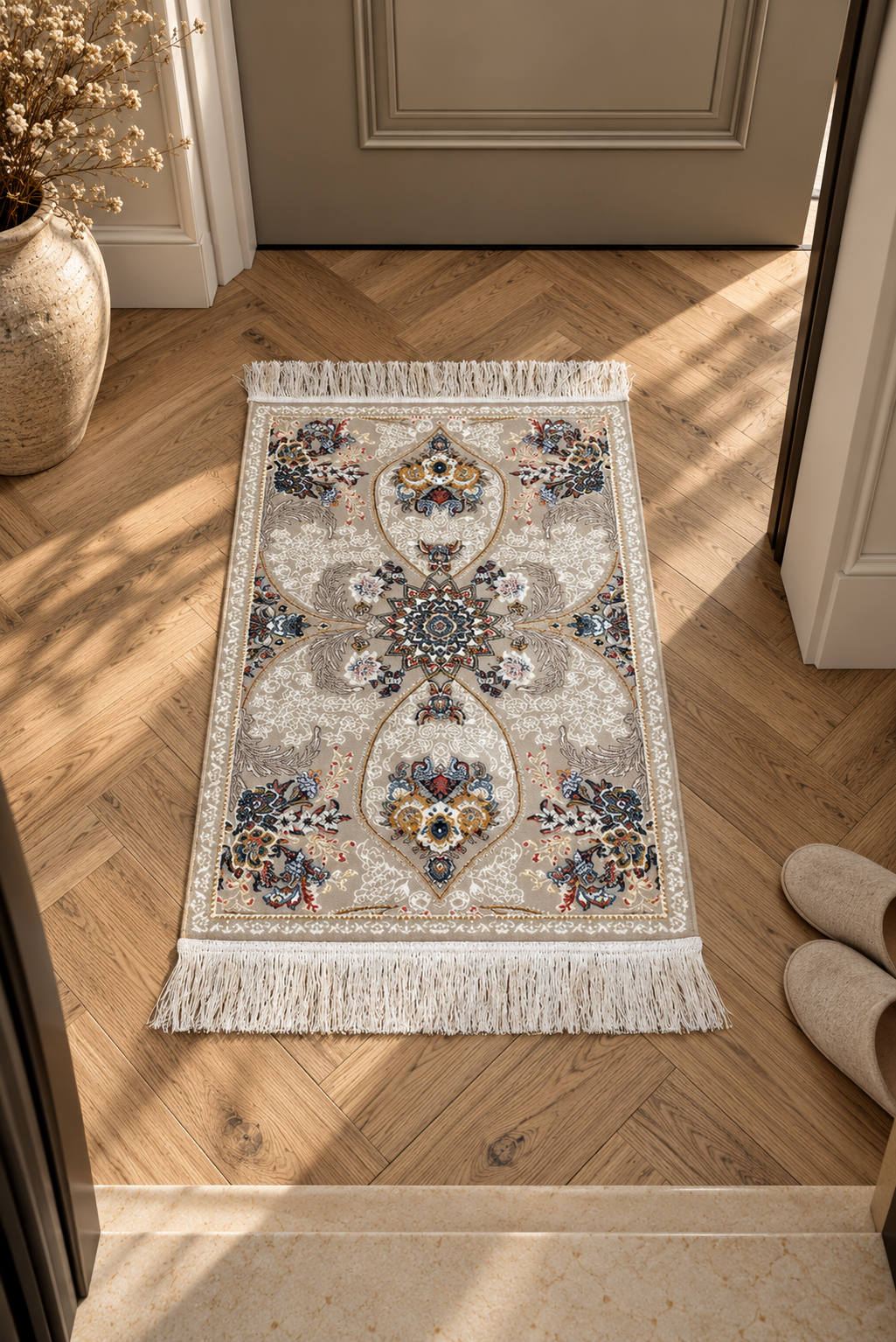 Esfahan Royal Garden Medallion Beige Machine-Made Persian Style Carpet with Traditional Floral Motifs & Fringed Finish