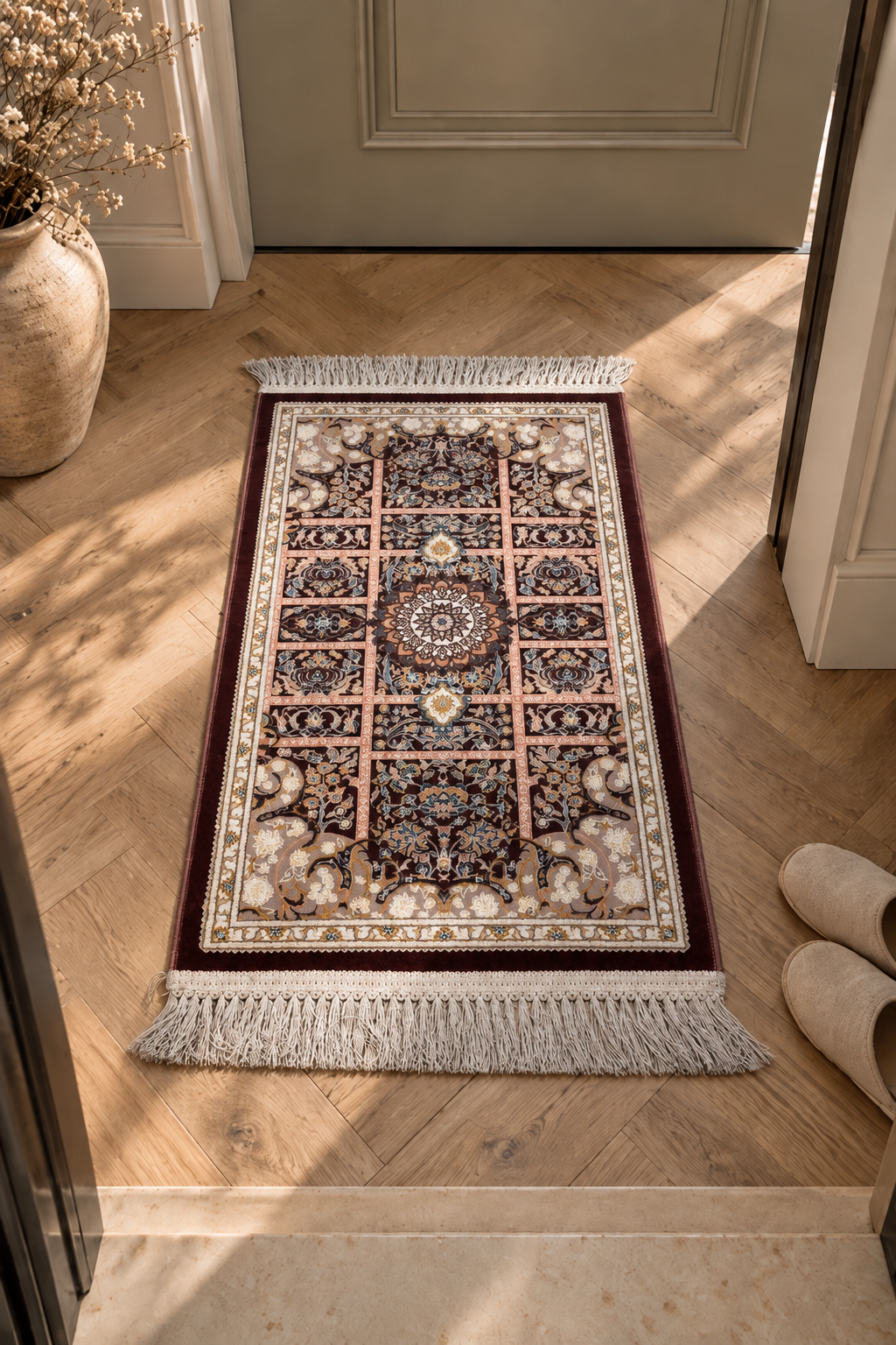 Mashhad Royal Garden Panels Small Carpet – Persian-Inspired Machine-Made Accent Rug with Floral Scenic Motifs and Elegant Ivory Fringe
