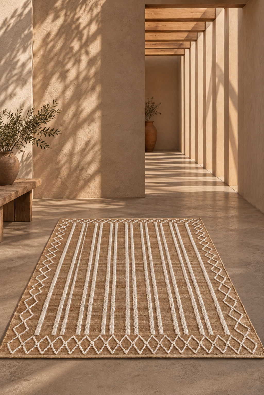 Ivory Frame Jute Wool Rug – IC-18409 | Handwoven Organic Charm