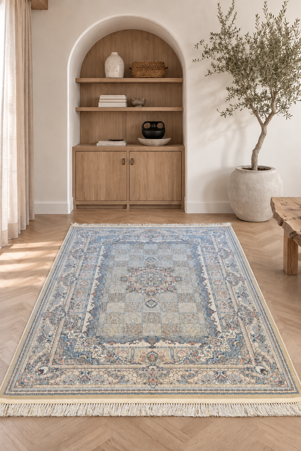Tapis classique Mashhad « Plaines au clair de lune » – Élégance grège et style intemporel