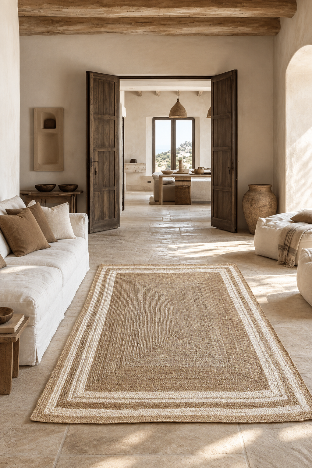 Jute Horizon Natural Border Rug – IC-18407 | Handwoven Organic Charm