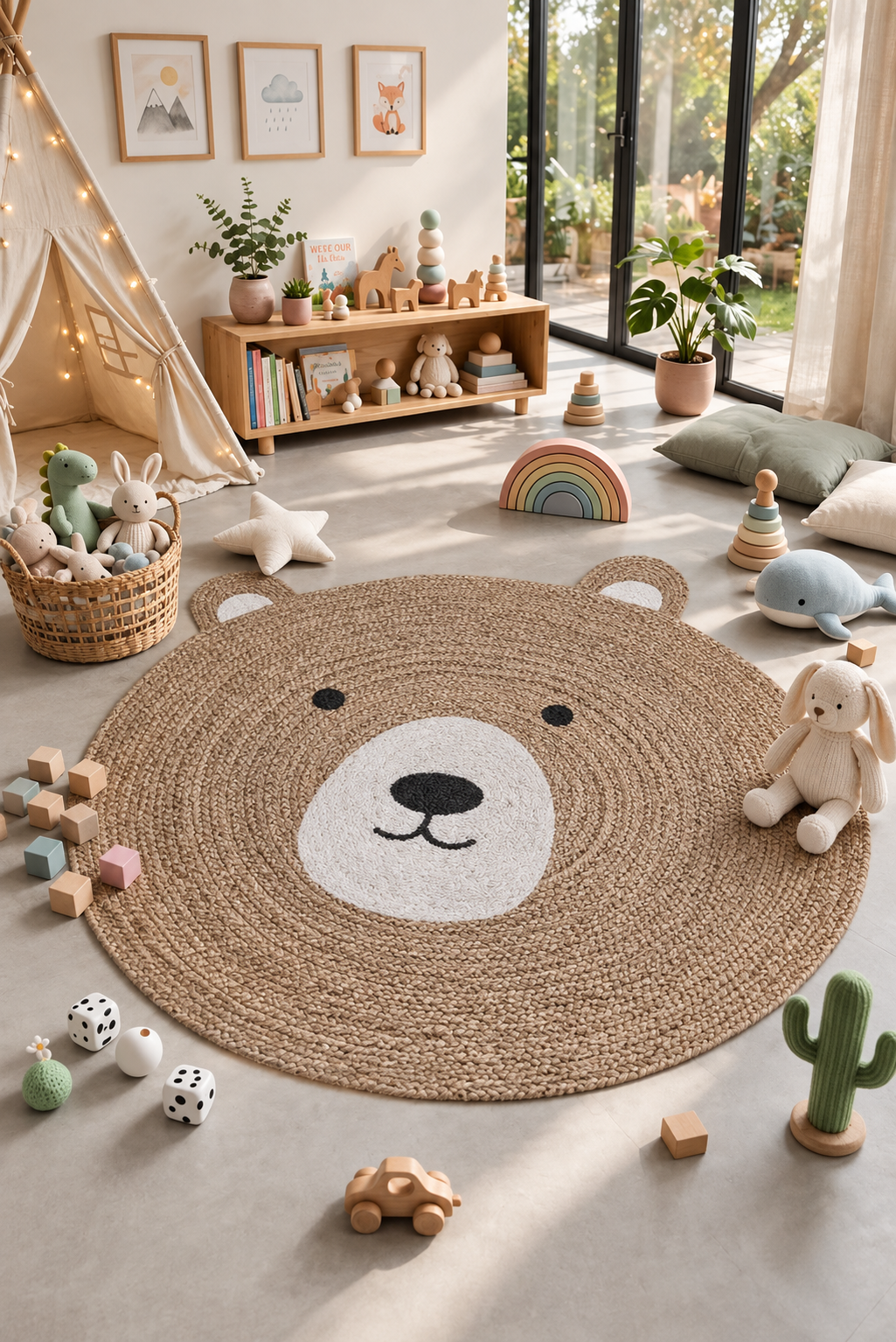 Jute 18475 Bear Shape Natural Carpet – Handmade Jute Kids Rug for Nursery & Playroom