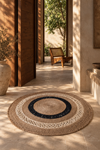 Jute 18223 Natural Black Round Carpet – Handmade Jute Area Rug with Bold Black Accents for Living Room & Entryway