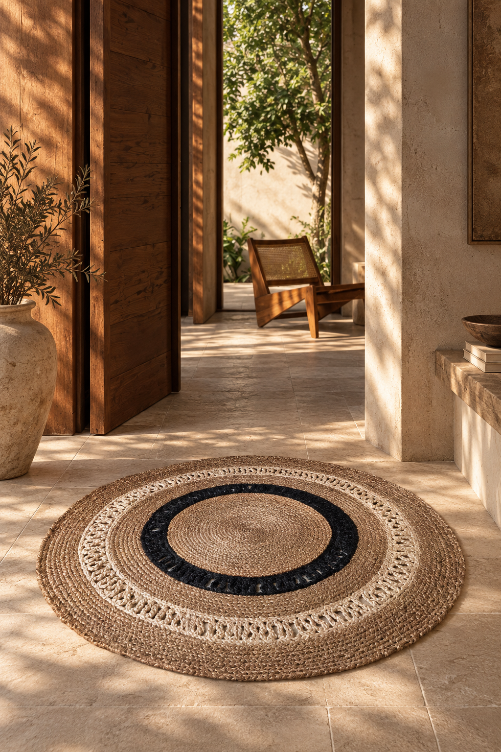 Jute 18223 Natural Black Round Carpet – Handmade Jute Area Rug with Bold Black Accents for Living Room & Entryway