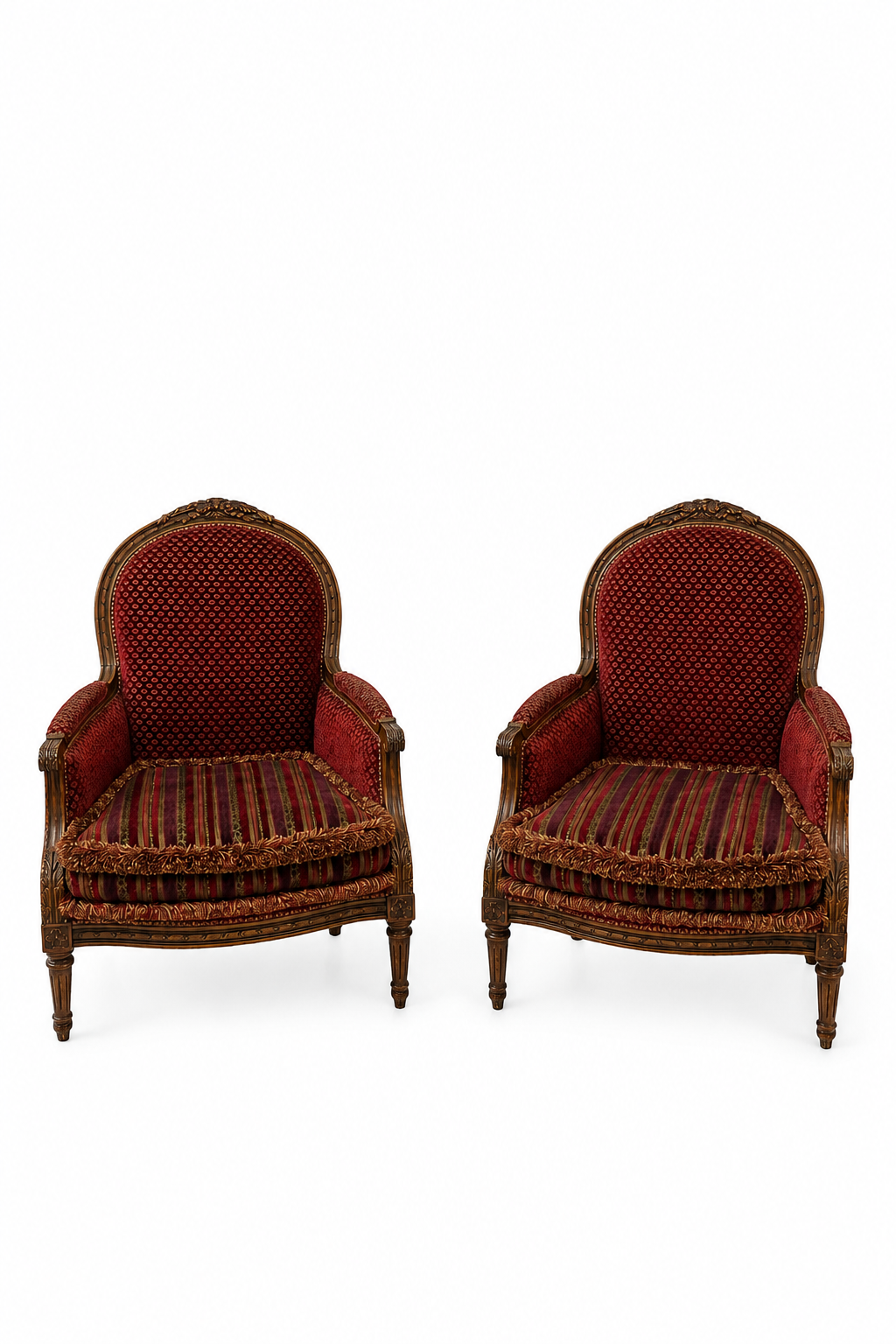 French Château Bordeaux Heritage Armchair Duo – Ornately Carved Classic Louis XV–Inspired Accent Chairs with Burgundy Damask Upholstery & Striped Cushions