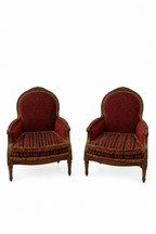 French Château Bordeaux Heritage Armchair Duo – Ornately Carved Classic Louis XV–Inspired Accent Chairs with Burgundy Damask Upholstery & Striped Cushions