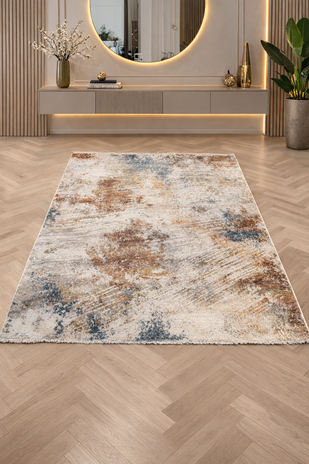 Valeria 96 “Golden Horizon” Modern Abstract Carpet – Beige, Rust & Blue Contemporary Rug